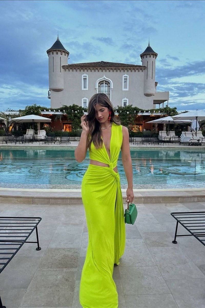 Plunging V-Neck Waist Cutout Knot Detail High Slit Maxi Dress 4