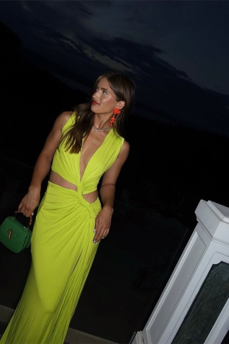 Plunging V-Neck Waist Cutout Knot Detail High Slit Maxi Dress 2