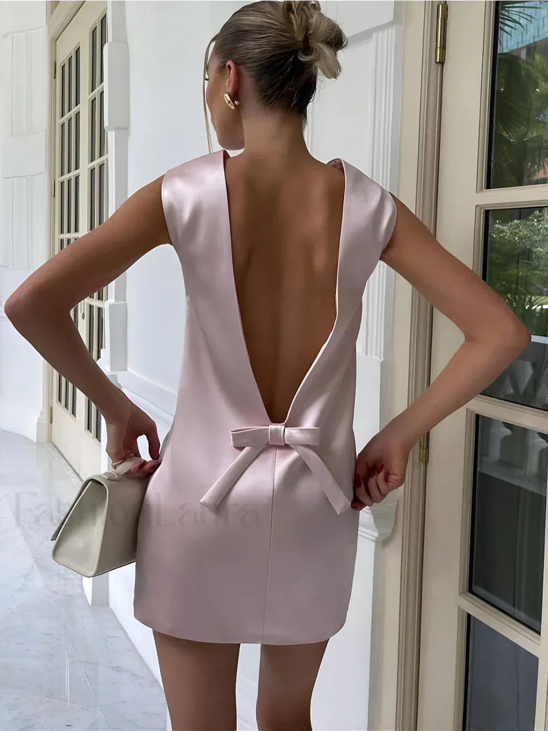Satin Backless Bow Detail Short Dress 12