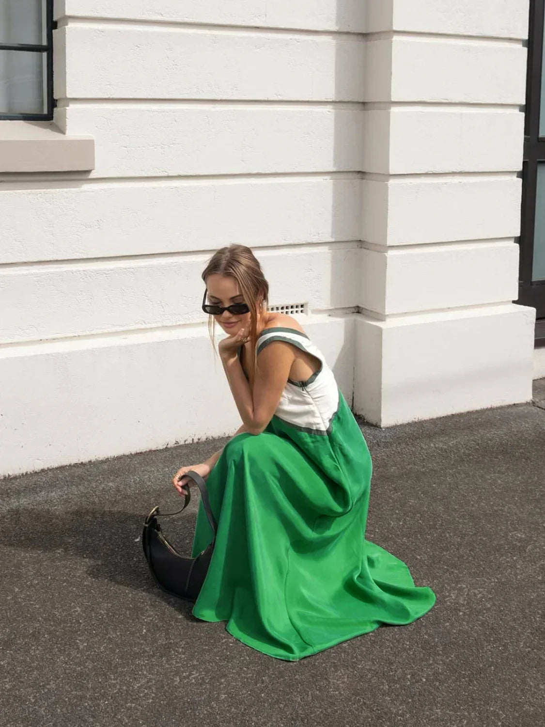 Green Satin Contrast Trim Long Dress 5