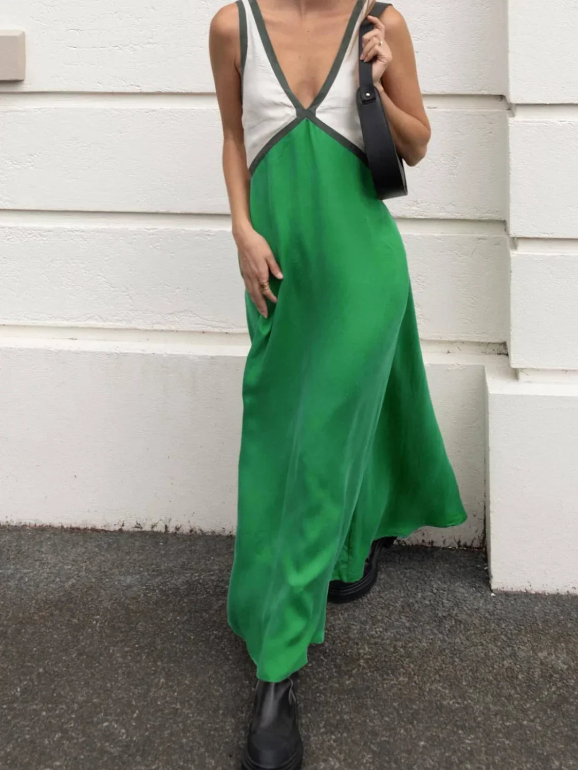 Green Satin Contrast Trim Long Dress 7