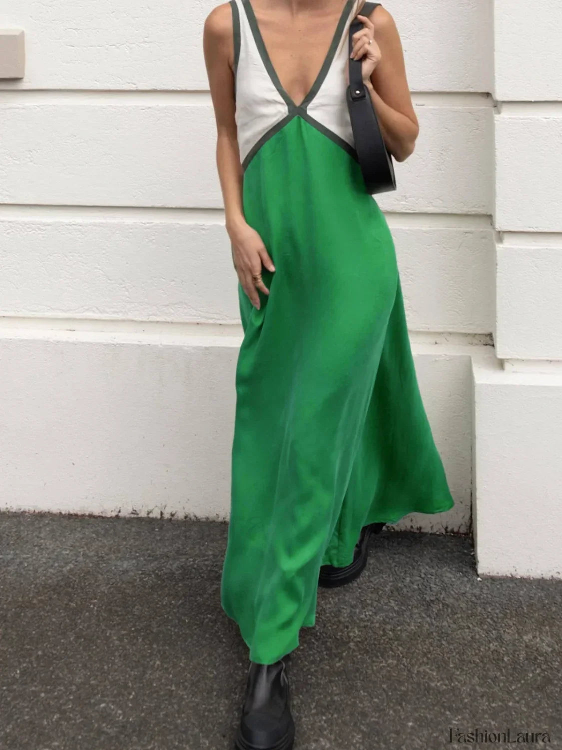 Green Satin Contrast Trim Long Dress 11