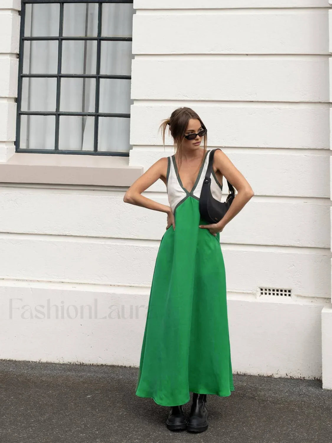 Green Satin Contrast Trim Long Dress 3