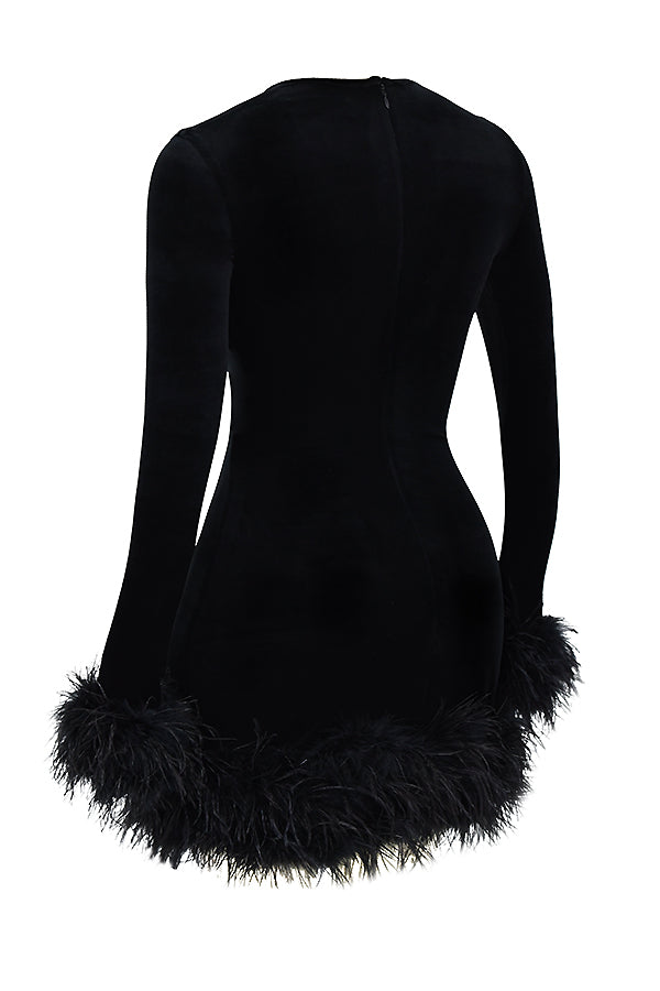 Velvet Long Sleeve Feather Trim Bodycon Mini Cocktail Dress 7