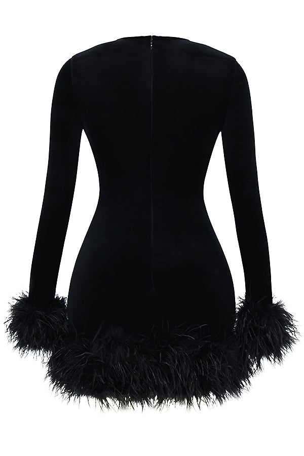 Velvet Long Sleeve Feather Trim Bodycon Mini Cocktail Dress 6