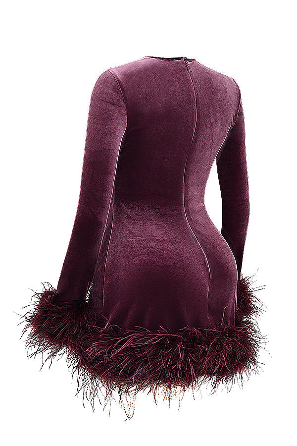 Velvet Long Sleeve Feather Trim Bodycon Mini Cocktail Dress 13