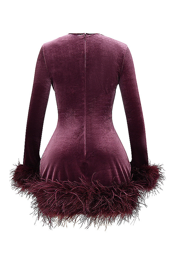Velvet Long Sleeve Feather Trim Bodycon Mini Cocktail Dress 12