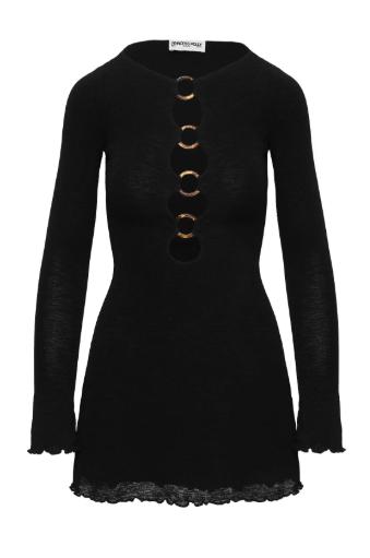 Crew Neck Long Sleeve Metal Ring Linked Cutout Ruffle Hem Mini Dress 4