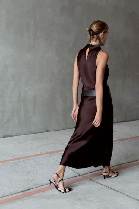 Sleeveless Funnel Neck Satin Column Maxi Dress with Belt 3