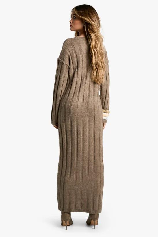 Crew Neck Ribbed Knit Side Slit Maxi Sweater Dress 3