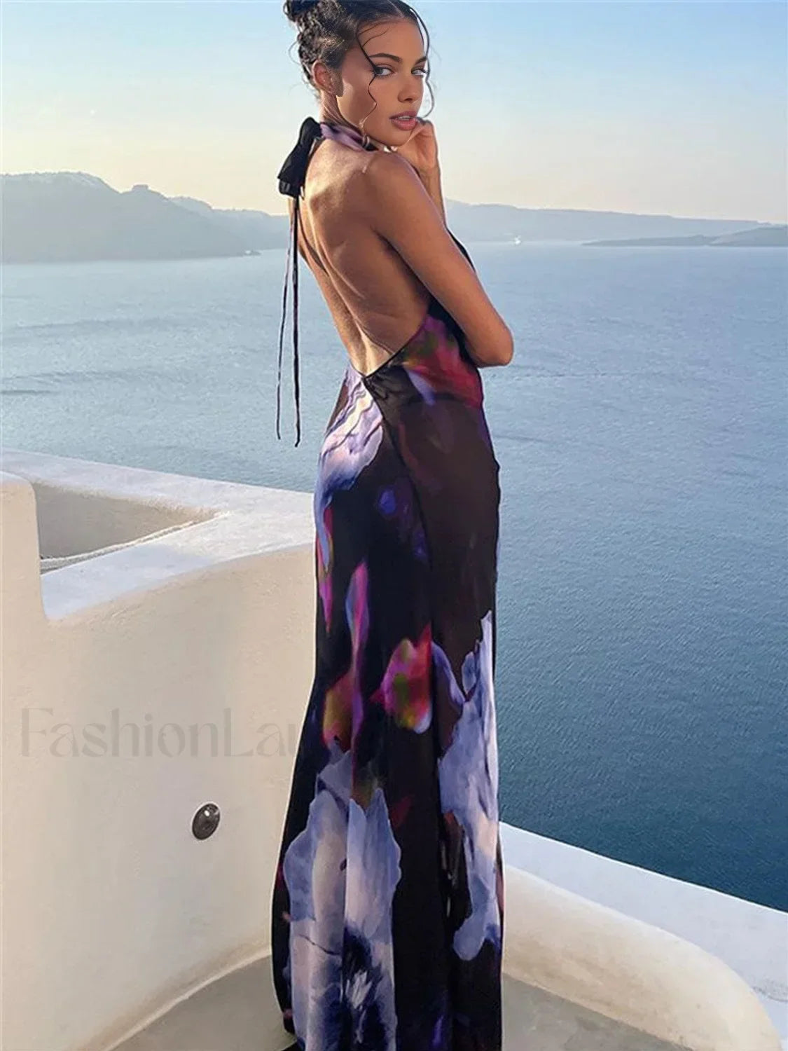 Black Semi-sheer Print Backless Halter Dress 7