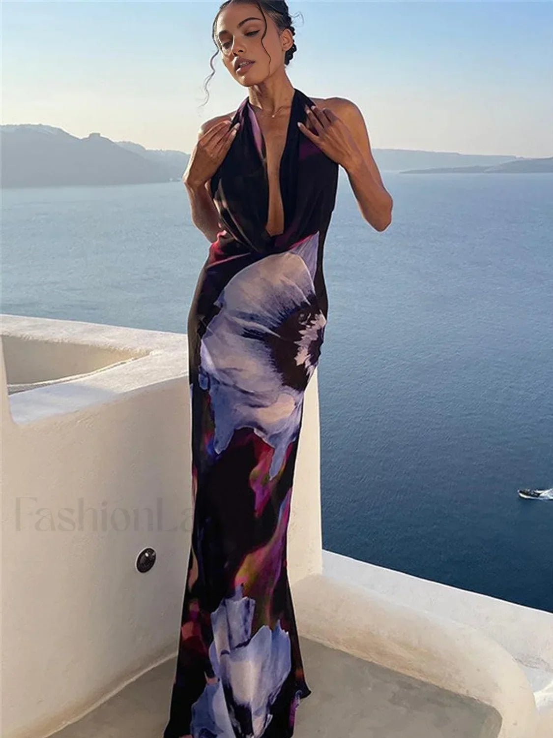 Black Semi-sheer Print Backless Halter Dress 4