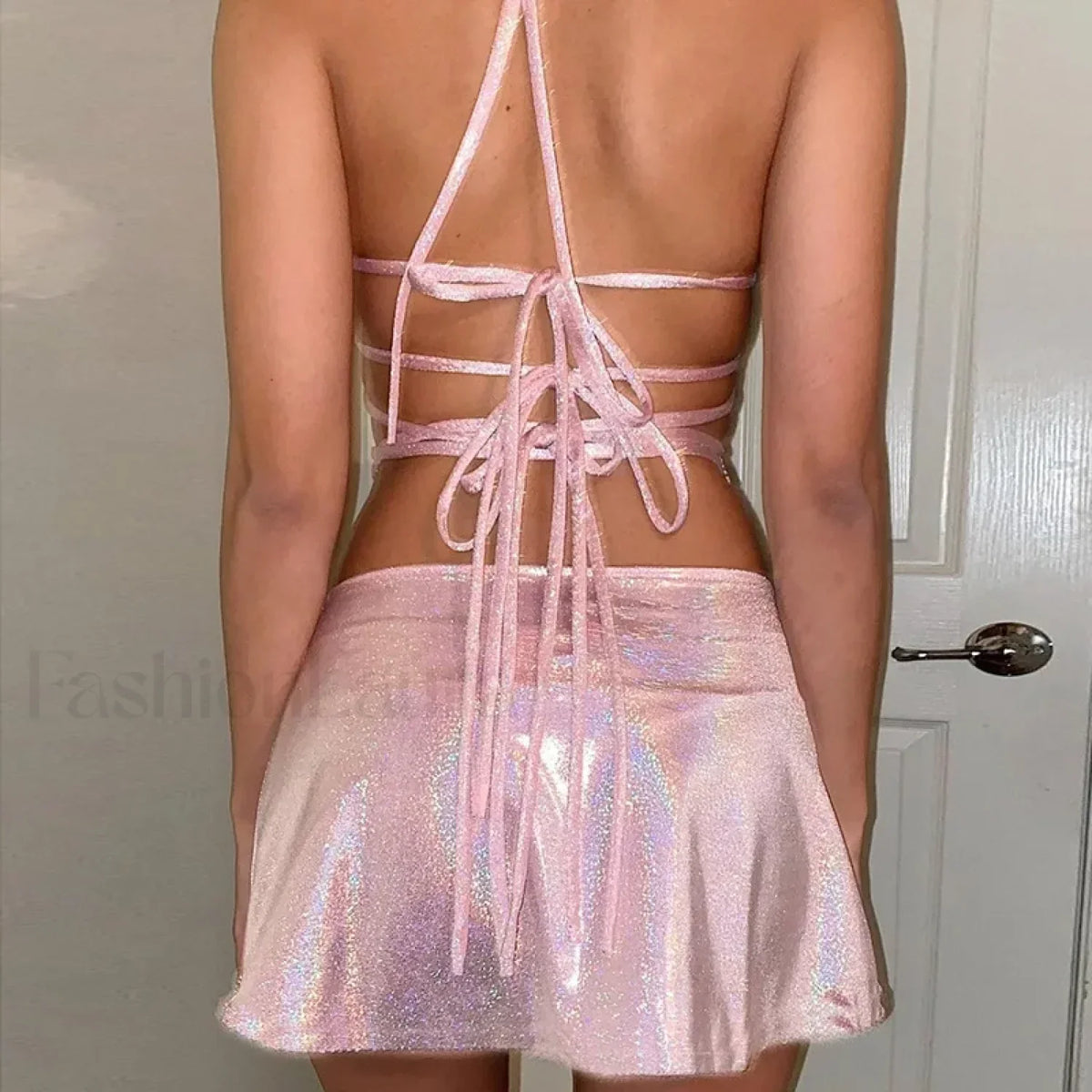 Pink Sequin Halter Backless Mini Dress 7