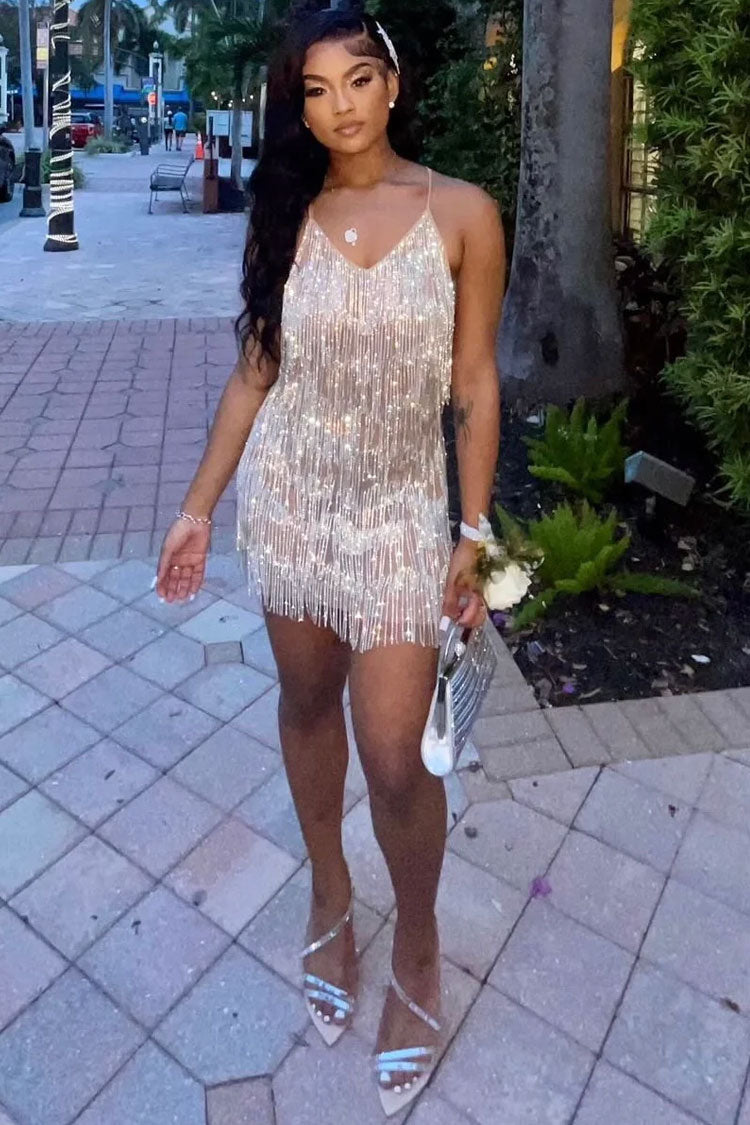 Rhinestone Fringe Tiered Deep V-Neck Spaghetti Strap Bodycon Mini Dress 4