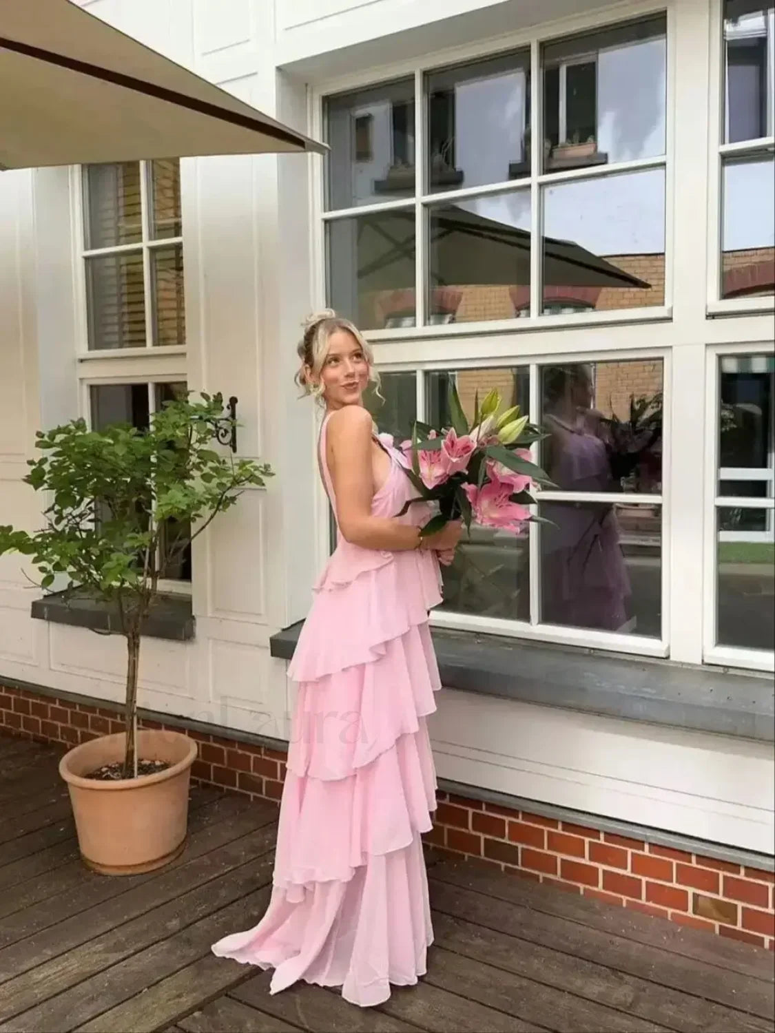 Pink Backless Layered Ruffles Floral Dress