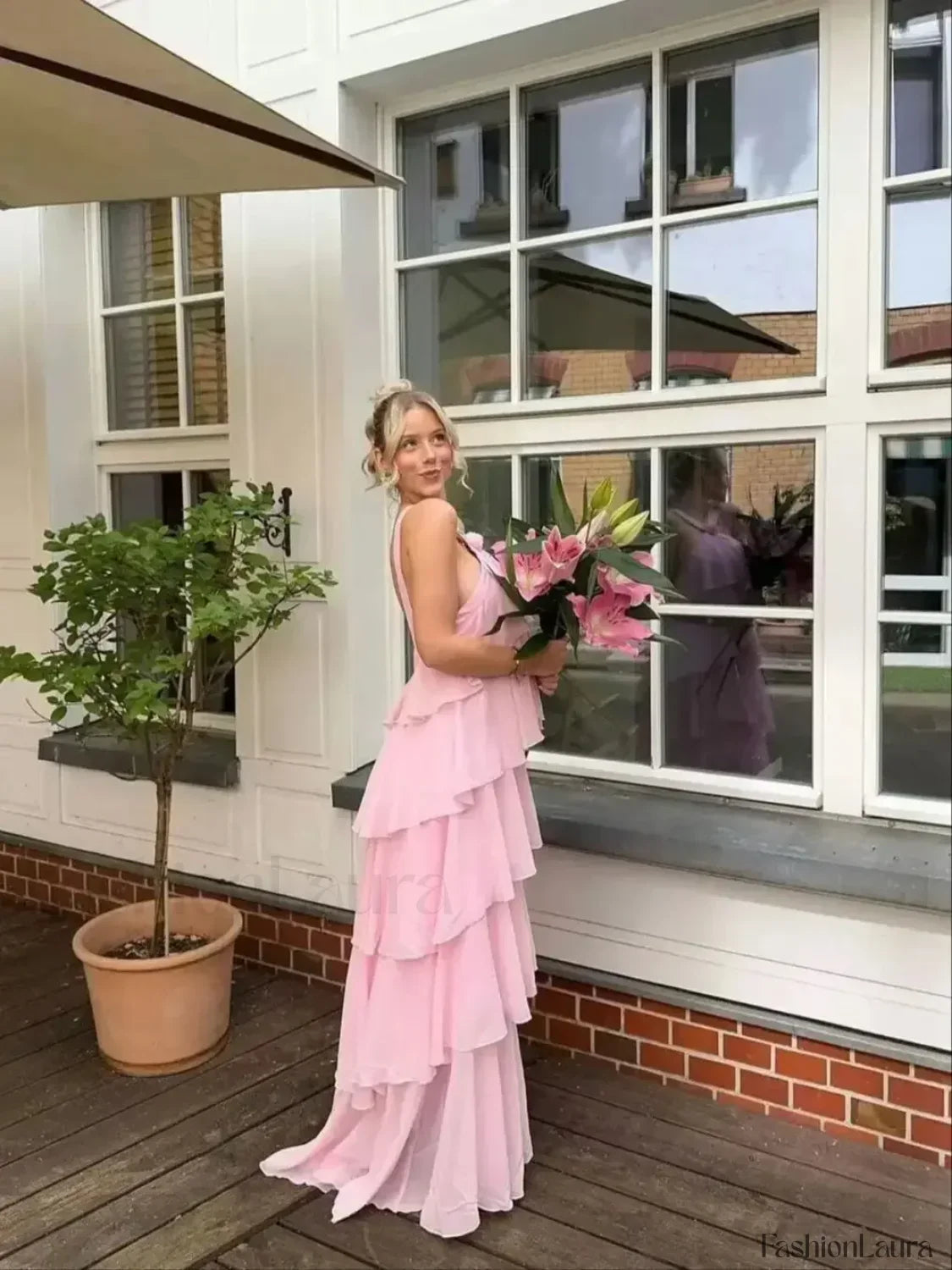 Pink Backless Layered Ruffles Floral Dress 9