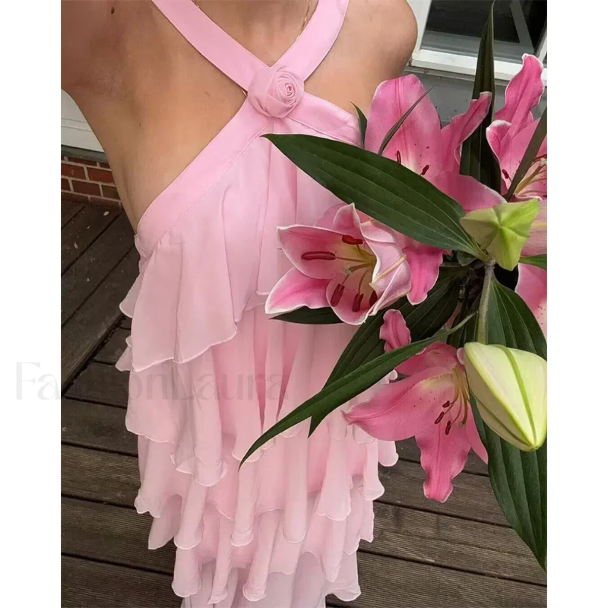 Pink Backless Layered Ruffles Floral Dress 4