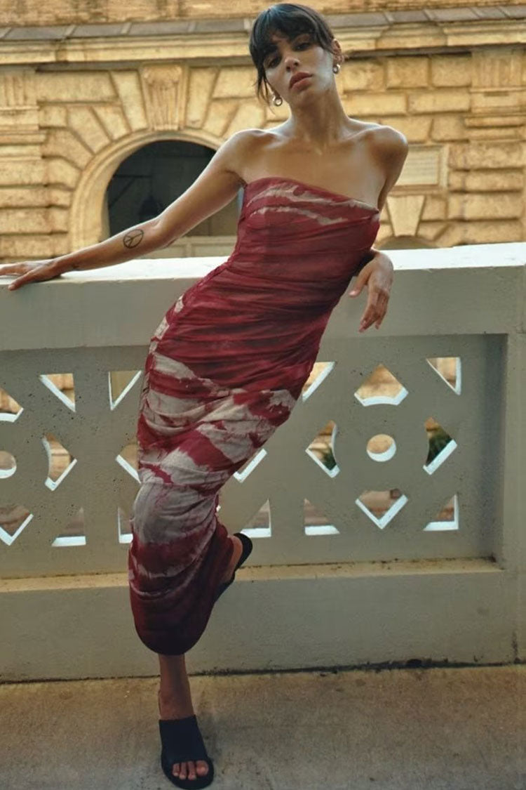 Tie Dye Print Strapless Ruched Bodycon Mesh Midi Dress