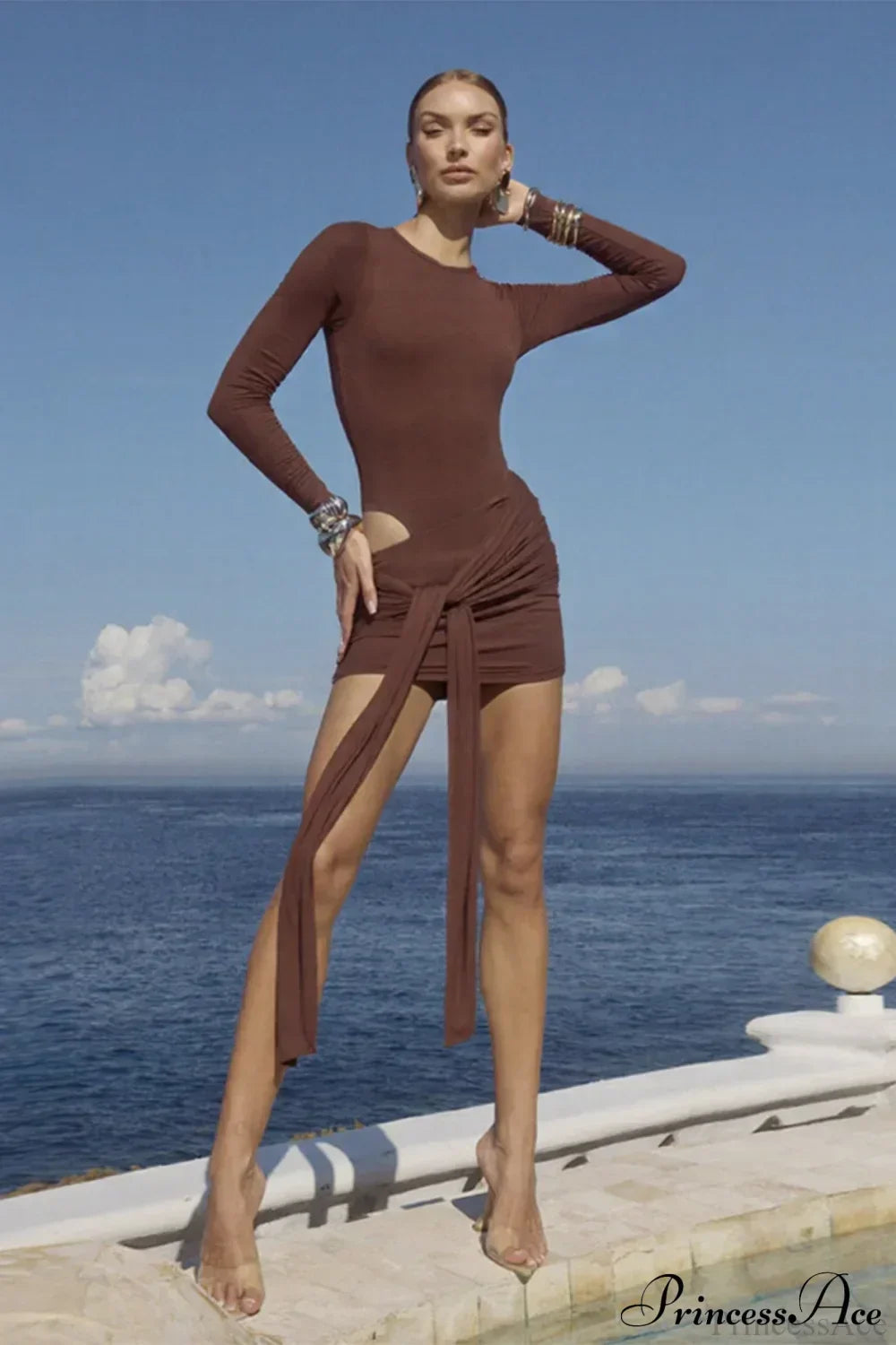 Boat Neck Long Sleeve Bodycon Mini Dress and Wrap Knot Mini Skirt Set 6