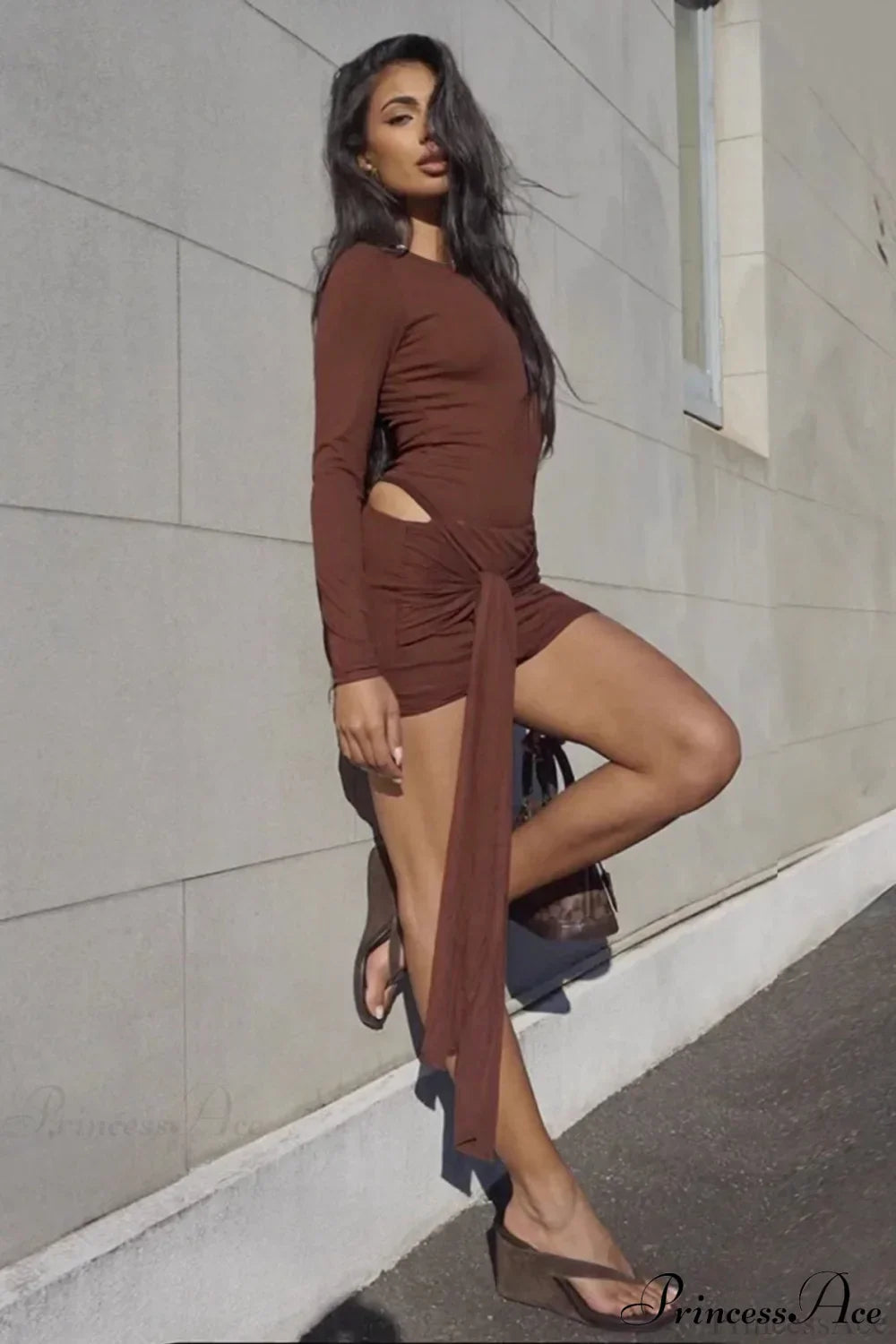 Boat Neck Long Sleeve Bodycon Mini Dress and Wrap Knot Mini Skirt Set 4