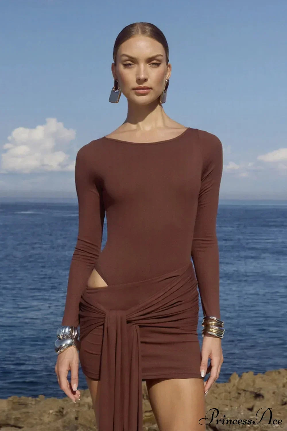 Boat Neck Long Sleeve Bodycon Mini Dress and Wrap Knot Mini Skirt Set