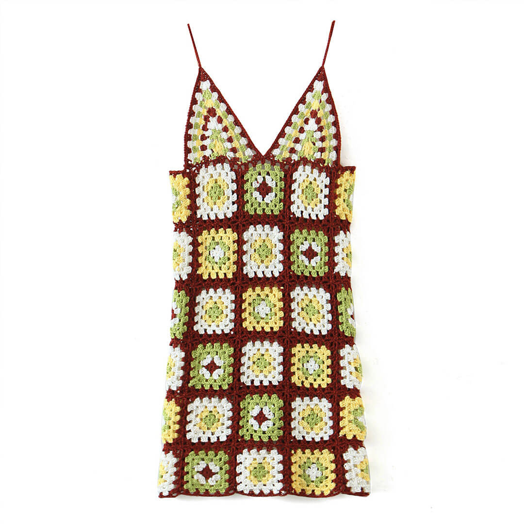 Granny Square Crochet Knit Spaghetti Strap Mini Dress 2