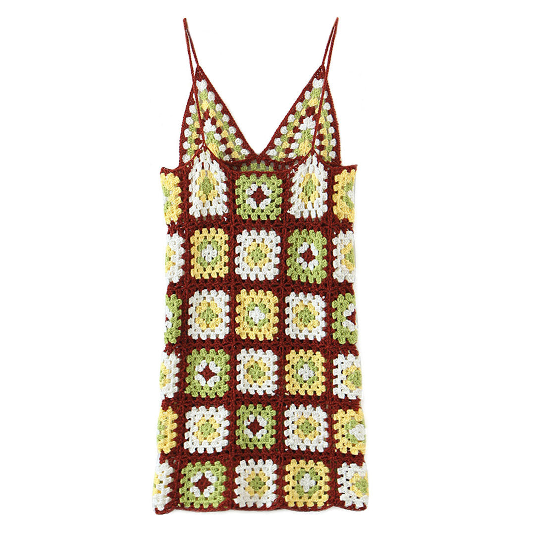 Granny Square Crochet Knit Spaghetti Strap Mini Dress 3