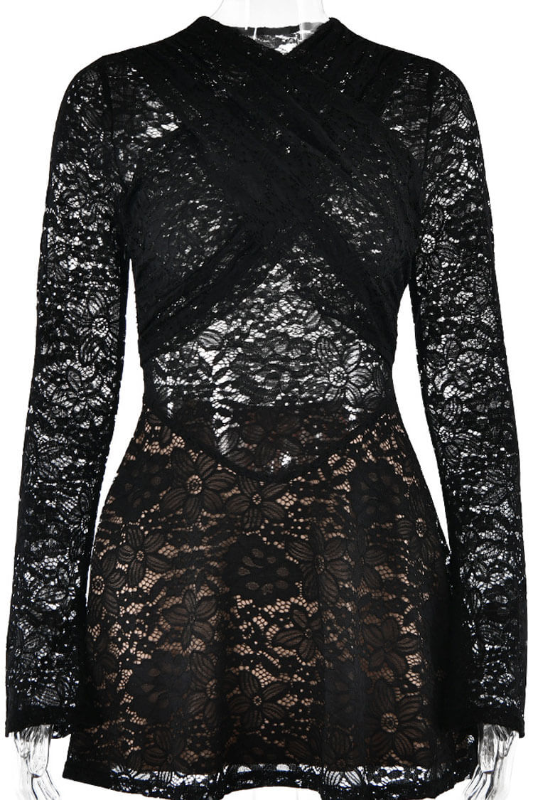 Floral Lace Mock Neck Cross Front Long Sleeve A-Line Mini Dress 5