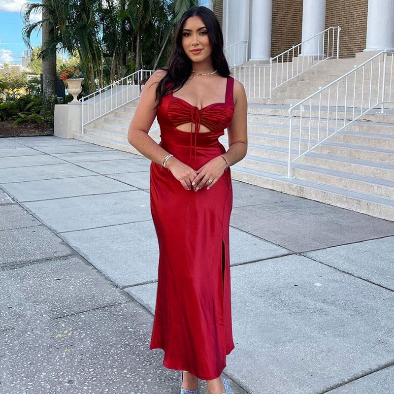 Drawstring Lace-Up Cutout Open Back Sleeveless Maxi Dress