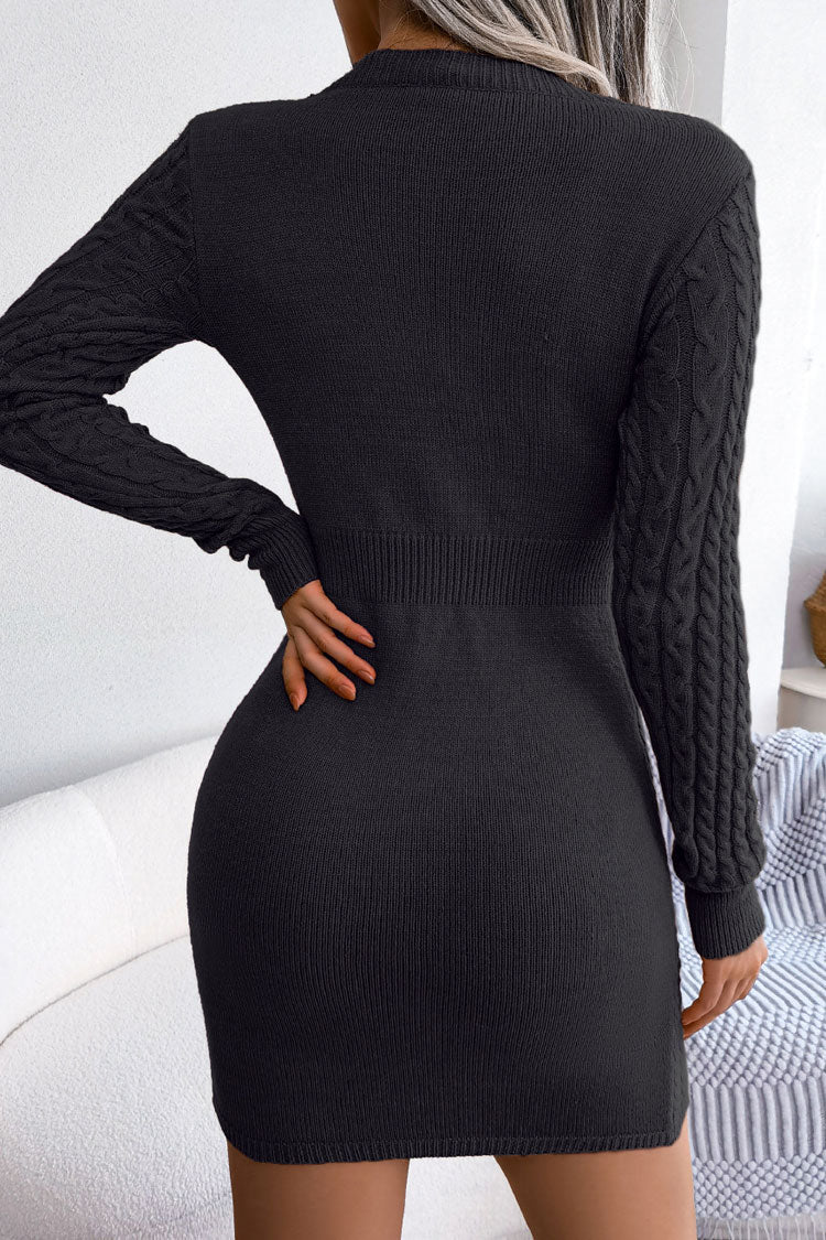 Cable Knit Chest Cutout Ribbed Waist Long Sleeve Bodycon Mini Dress 3