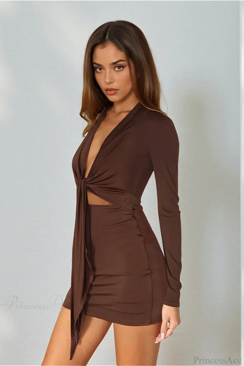 Deep V-Neck Tie Front Cutout Waist Long Sleeve Bodycon Mini Dress 4