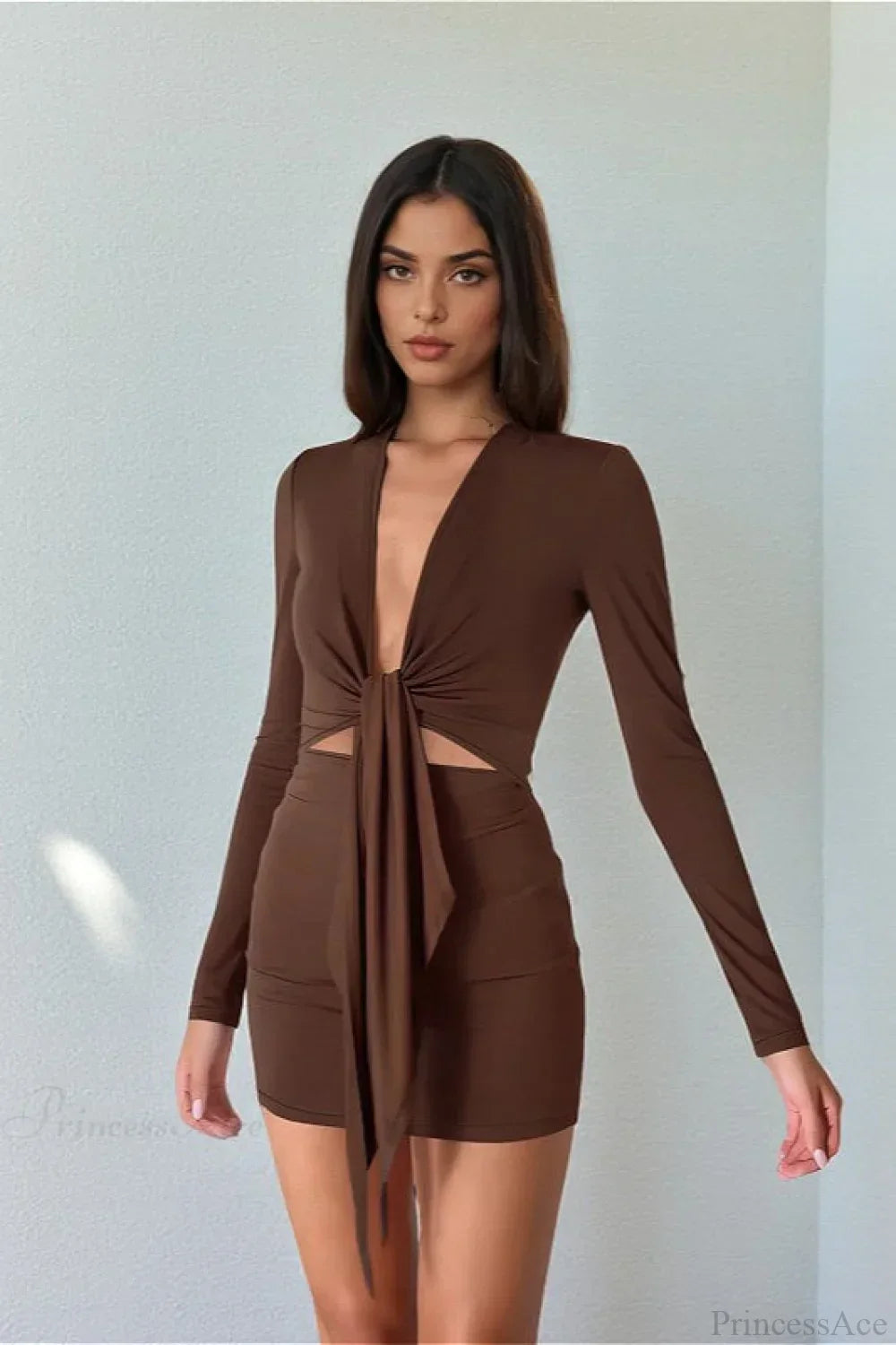 Deep V-Neck Tie Front Cutout Waist Long Sleeve Bodycon Mini Dress 3