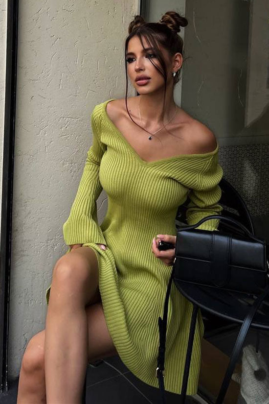 Ribbed Knit Deep V-Neck Off Shoulder Long Sleeve Fit and Flare Mini Dress 2