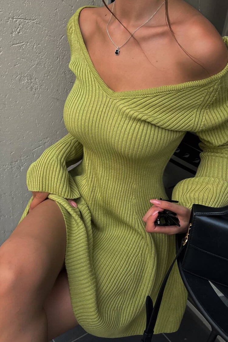 Ribbed Knit Deep V-Neck Off Shoulder Long Sleeve Fit and Flare Mini Dress 3