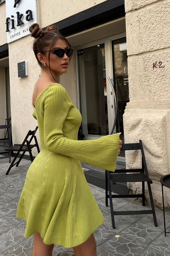 Ribbed Knit Deep V-Neck Off Shoulder Long Sleeve Fit and Flare Mini Dress 4