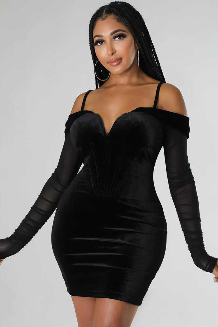 Sweetheart Neck Corset Boning Sheer Mesh Long Sleeve Velvet Bodycon Mini Dress 2