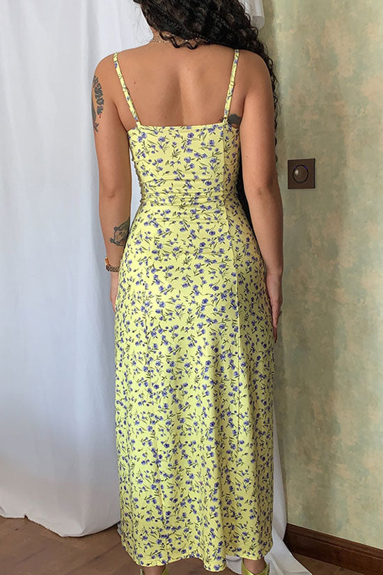 Lace Trim Sweetheart Spaghetti Strap Floral Print High Split Bodycon Midi Dress 5