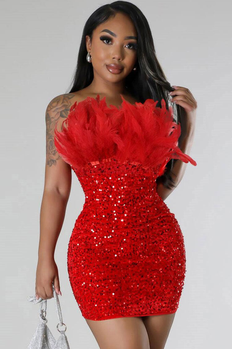 Feather Trim Strapless Sweetheart Sequin Bodycon Mini Mini Dress 2