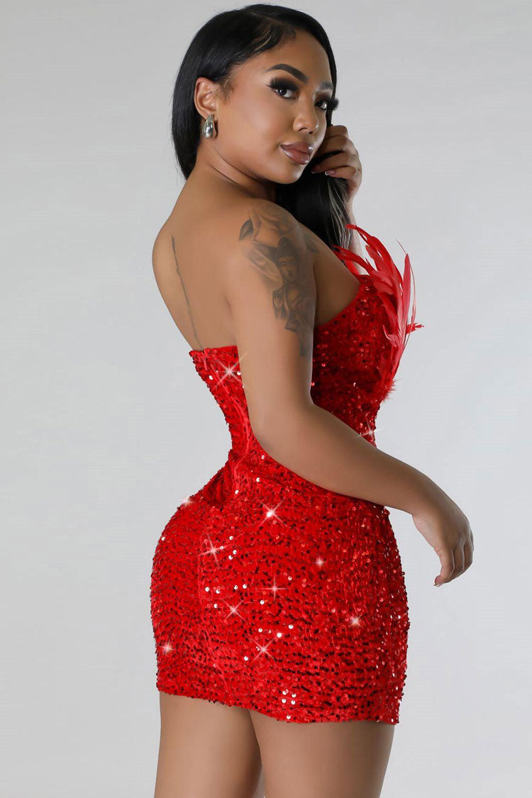 Feather Trim Strapless Sweetheart Sequin Bodycon Mini Mini Dress 3