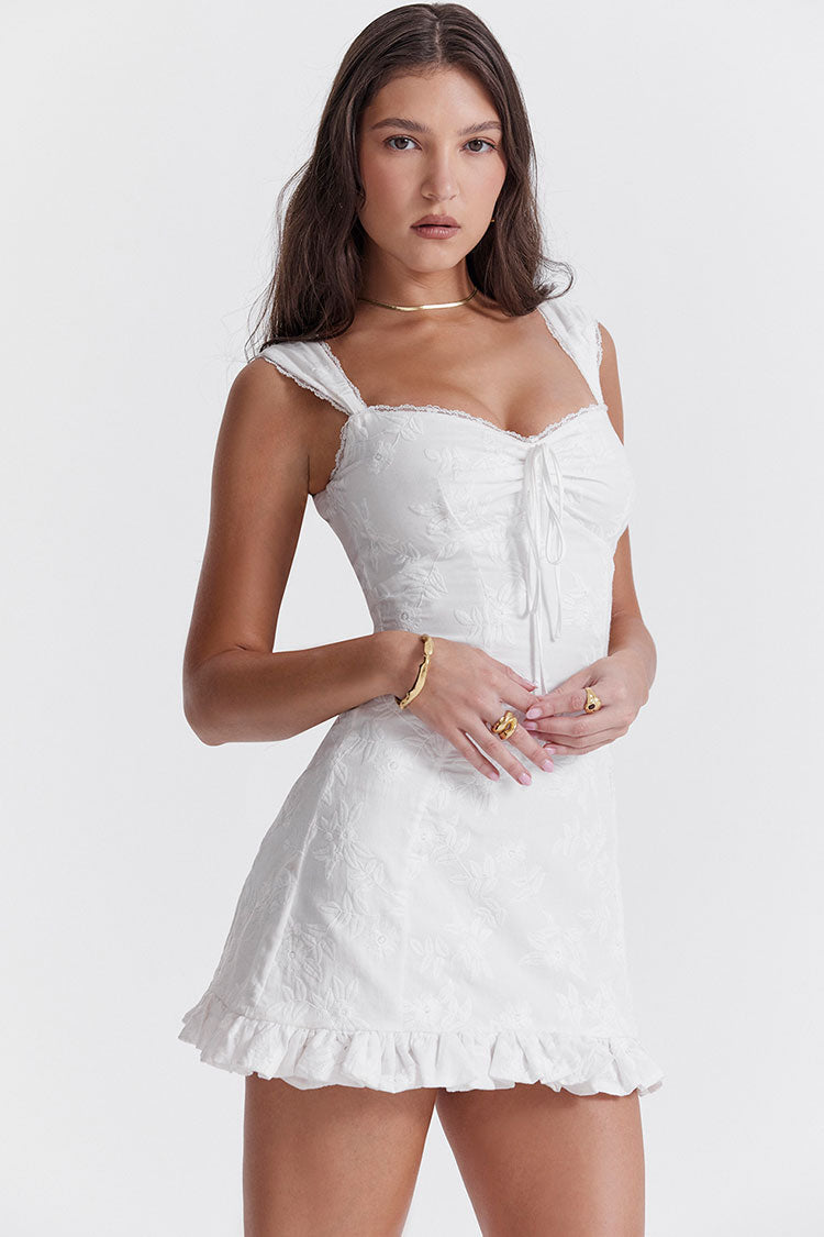 Sweetheart Lace Trim Eyelet Embroidery Flutter Sleeve Ruffle Hem Mini Dress 5