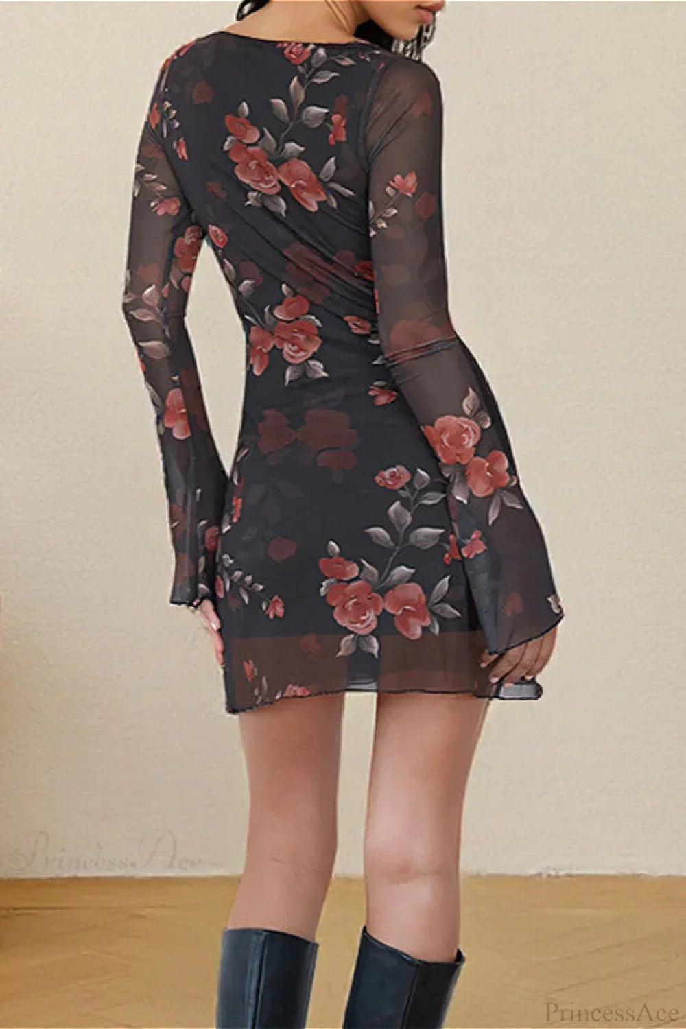Floral Mesh Bell Sleeve Crew Neck Bodycon Mini Dress 3