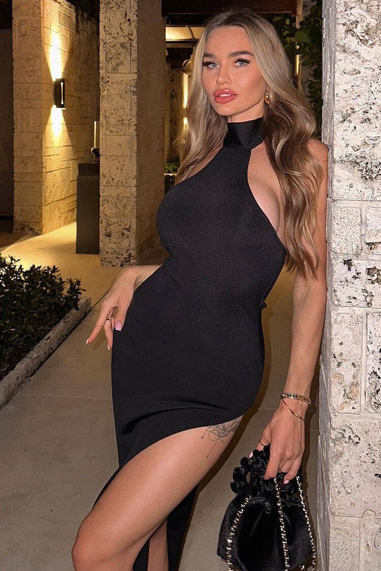 Halter Neck Sleeveless Double High Split Bodycon Maxi Dress 4
