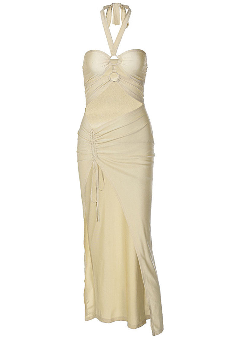 Halter Neck Ring Cut Out Side Ruched High Split Maxi Dress 4