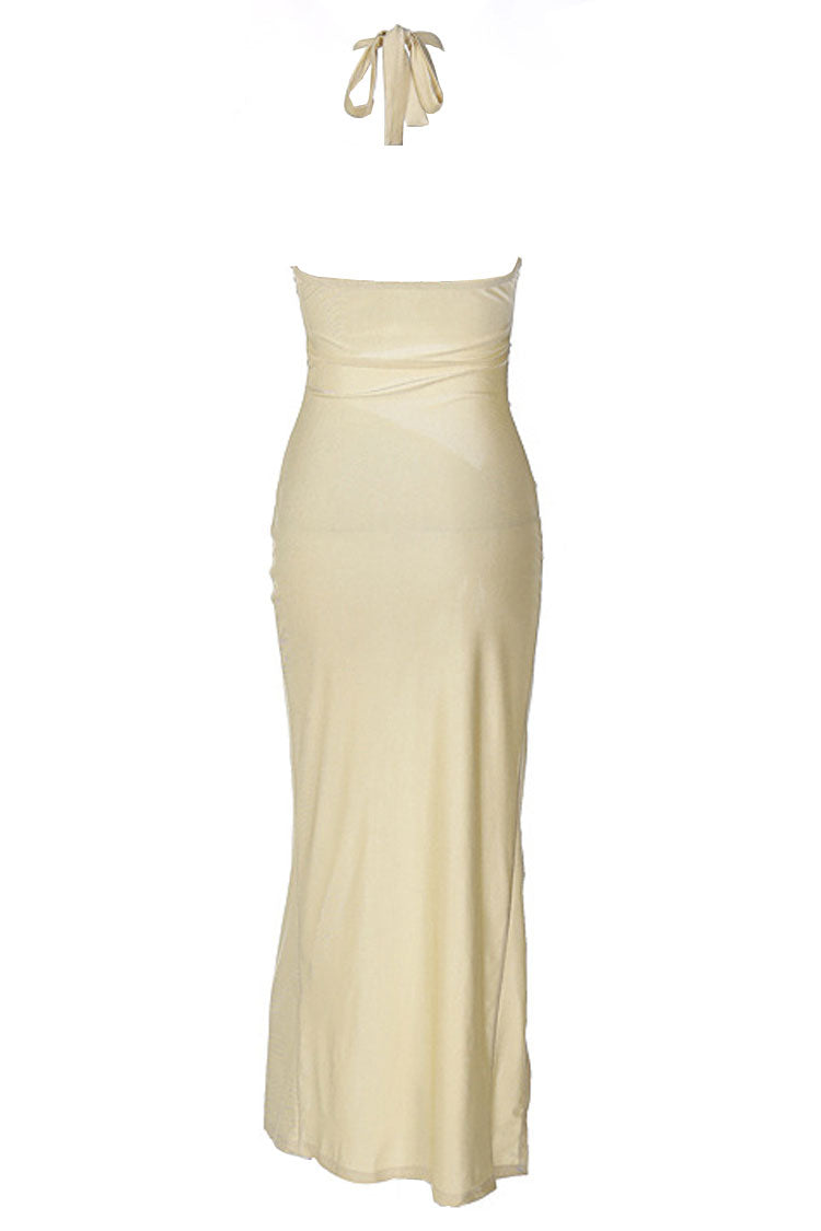 Halter Neck Ring Cut Out Side Ruched High Split Maxi Dress 5