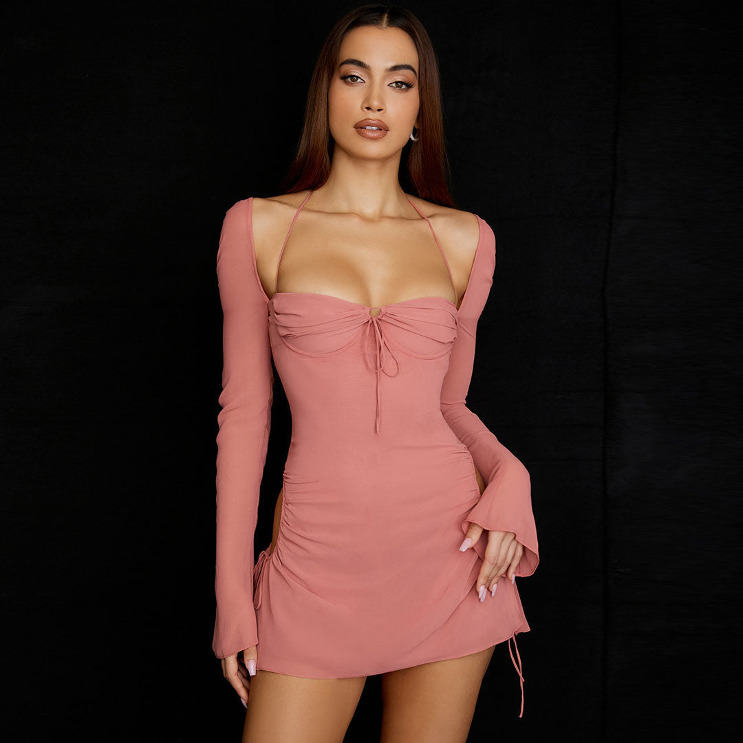 Halter Tie Strap Ruched Cutout Mesh Sleeve Club Mini Dress
