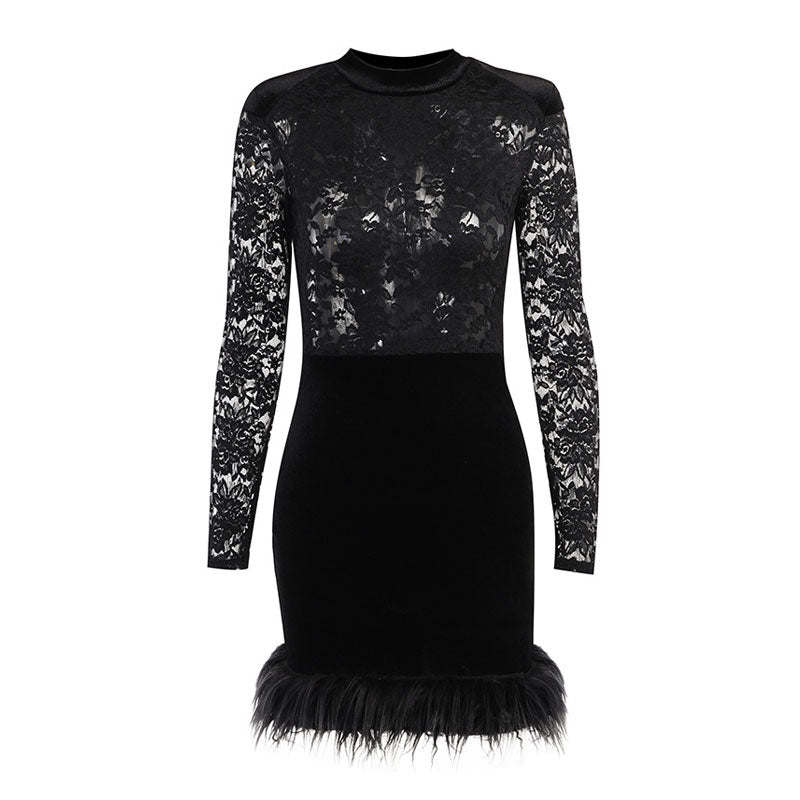 High Neck Long Sleeve Floral Lace Panel Feather Trim Mini Dress 4