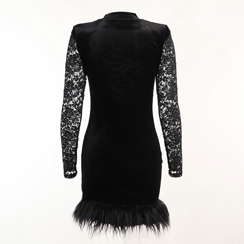 High Neck Long Sleeve Floral Lace Panel Feather Trim Mini Dress 5