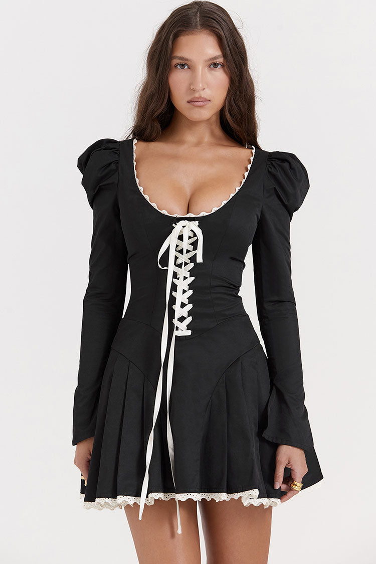 Scoop Neck Lace-Up Puff Sleeve Ruffle Hem Fit and Flare Mini Dress