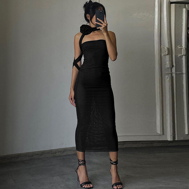 Strapless 3D Floral Choker Shoulder Strap Bodycon Midi Dress