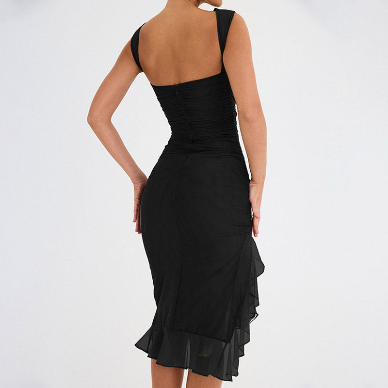 Crew Neck Sleeveless Mesh All Over Ruched Asymmetric Ruffle Slit Midi Dress 2